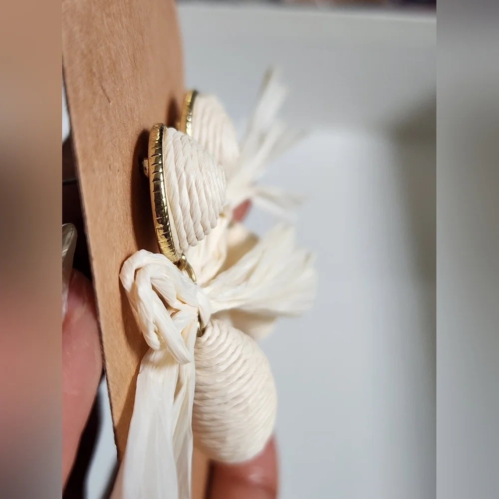 Cream Woven Paper Bow Drop Earrings Resort Statement OS